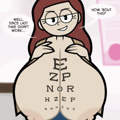 jinnsart, brown hair, exposed breasts, gigantic breasts, huge breasts, pac-man eyes, reading, smug, animated, tagme