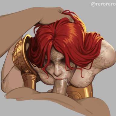 elden ring, malenia blade of miquella, rerorero, 1boy, armor, blind, breasts, cum, cum in mouth, erection, facial, female, gold armor, hand on another's head, kneeling
