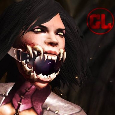 mortal kombat, mileena, ball gag, black hair, bondage, cat eyes, gag, monster girl, sharp teeth, tarkatan, yellow eyes