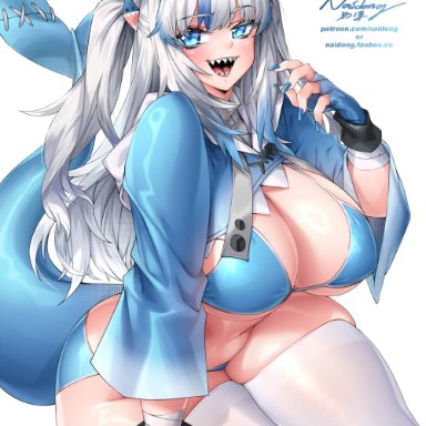 hololive, hololive english, gawr gura, naidong, 1girls, aged up, alternate body type, bikini, blue bikini, blue eyes, breasts, cat ears, cleavage, cropped jacket, female