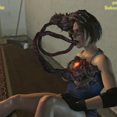 resident evil, resident evil 3 remake, jill valentine, ne-&#945; type, nemesis, rrostek, 1girl, 2monsters, anal, ass, blue shirt, breasts, brown hair, clothing, deepthroat