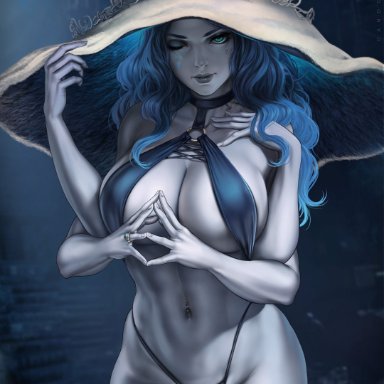 elden ring, fromsoftware, ranni the witch, dandon fuga, 1girls, abs, bare arms, bare skin, bare thighs, big breasts, big hat, bikini, bikini bottom, bikini top, blue bikini