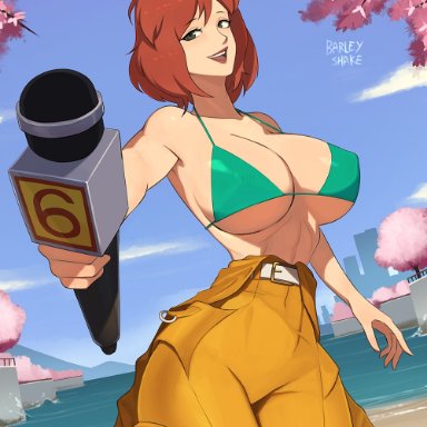 teenage mutant ninja turtles, april o'neil, barleyshake, 1girls, armpit, bangs, bare shoulders, belt, big breasts, bikini, bikini top, bodysuit, breasts, brown hair, cherry blossoms