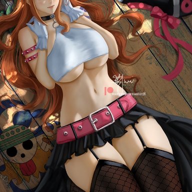 one piece, one piece film red, nami, weisart, 1girls, arms up, bandana, belly button, belt, belt buckle, belt collar, beltskirt, big breasts, blush, breast grab