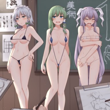 touhou, reisen udongein inaba, sakuya izayoi, sanae kochiya, miyo (ranthath), 3girls, animal ears, arm under breasts, bare arms, bare legs, bare shoulders, bikini, blue eyes, blurry, blurry background