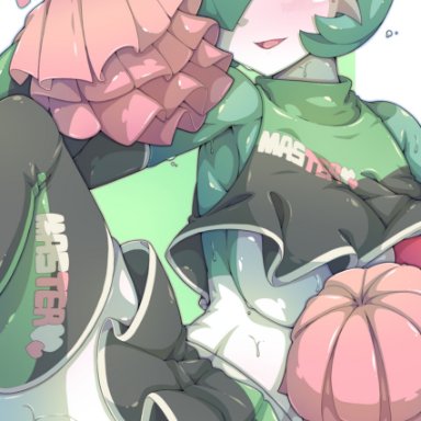 pokemon, gardevoir, falco arrow, after sex, anus, bangs, bare shoulders, black gloves, black legwear, black shirt, black skirt, blush, bob cut, breasts, cheerleader