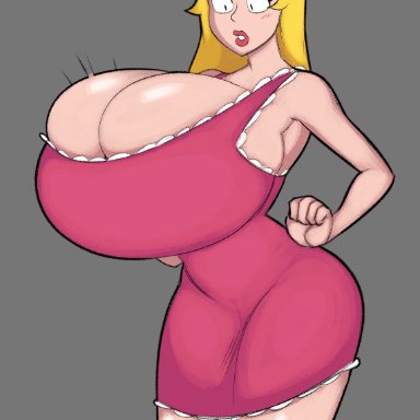 american dad, francine smith, zetaskully, 1girls, armpits, big breasts, blonde hair, blush, breasts, cleavage, dress, grey background, huge breasts, large breasts, massive breasts