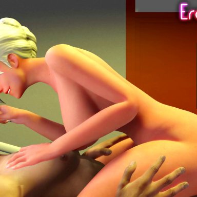 overwatch, mercy, erotrickster, 1boy, 1girls, big ass, big breasts, cowgirl position, dentist, doctor, nude, video games, 3d, animated, blender