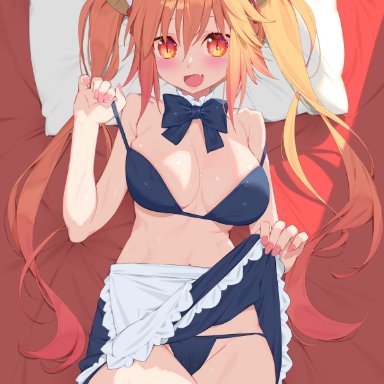 miss kobayashi's dragon maid, tohru (dragon maid), waterring, 1girls, apron, big breasts, breasts, eye contact, female, female focus, female only, horns, legwear, looking at viewer, maid