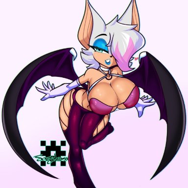 sega, sonic (series), sonic the hedgehog (series), rouge the bat, joeydrawss, 1girls, aqua eyes, bat ears, bat wings, bent leg, bent over, blue lipstick, breasts, cleavage, eyeshadow