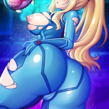 metroid, nintendo, metroid (creature), samus aran, zero suit samus, sevie, 1girls, areolae, ass, ass focus, ass shot, back, back view, blonde hair, blue eyes