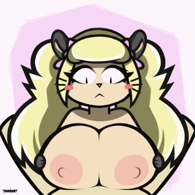 tiffy cheesecake, jinnsart, anthro, areola, big breasts, blinking, blonde hair, blush, blush stickers, breast play, breasts, duo, female, furry, genitals