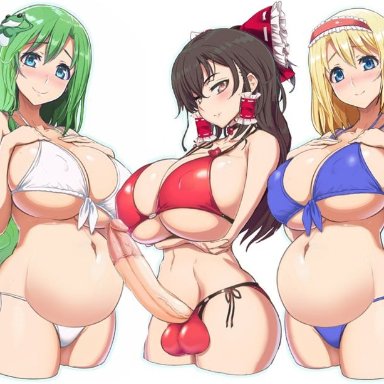 touhou, alice margatroid, marisa kirisame, reimu hakurei, sakuya izayoi, sanae kochiya, artist request, 1futa, 4girls, balls, big breasts, bikini, blonde hair, breasts, clothed