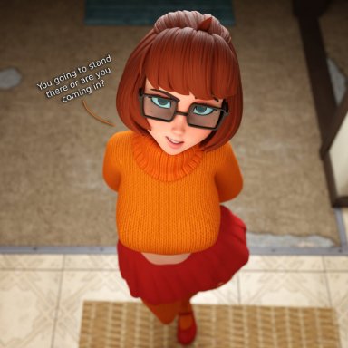 scooby-doo, velma dinkley, smitty34, arms behind back, big breasts, brown hair, freckles, glasses, looking up, nerdy female, pov, short skirt, sweater, sweater puppies, 3d