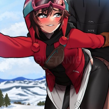 rooster teeth, rwby, rwby ice queendom, ruby rose, tabletknight, 1boy1girl, arm grab, biting lip, blush, bottomless, bottomless male, clothed, clothed sex, goggles, hat