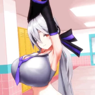 vocaloid, yowane haku, dekapaiyukari, armpits, arms up, ass, ass shake, bouncing breasts, cleavage, crop top, curvy, detached sleeves, gigantic breasts, indoors, long hair