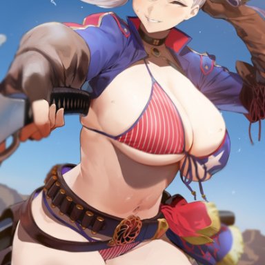 fate/grand order, fate (series), miyamoto musashi (fate), iku (ikuchan kaoru), american flag, american flag bikini, big breasts, bikini top, large breasts, looking at viewer, midriff, one eye closed, outstretched arms, sideboob, smile