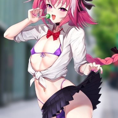 fate/grand order, fate (series), astolfo (fate), aka syakkou, 1boy, ball bulge, bare arms, bikini, blurry, blurry background, bow, bowtie, braid, bulge, clothing