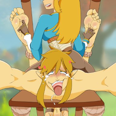 breath of the wild, the legend of zelda, link, princess zelda, zelda (breath of the wild), aroused, bondage, couple, crying, cum, feet, female/male, female on male, female on top, femdom