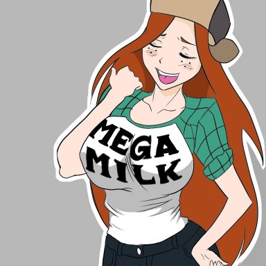 contrast, disney, gravity falls, mega milk, wendy corduroy, big breasts, black text, closed eyes, green eyes, green shirt, grey background, hand on shoulder, huge breasts, jeans, laugh