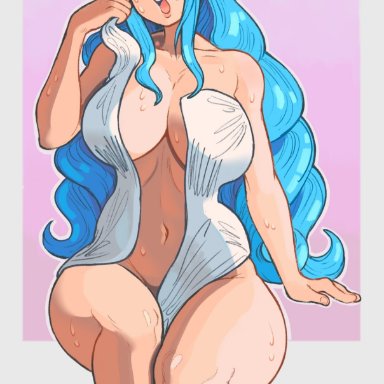 one piece, nefertari vivi, edu pompom, 1girls, big breasts, blue hair, breasts, curvy, female, female only, long hair, navel, nude, one eye closed, sitting