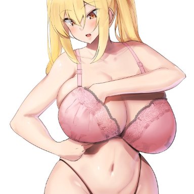 original, saaya (kirome), kirome (kamipaper), 1girls, adjusting bra, ahoge, belly button, blonde hair, blush, bra, breasts, cleavage, female, female only, gyaru