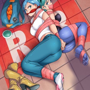 dragon ball, dragon ball super, bulma briefs, lostonezero, bondage, cleave gag, duo, feet, foot focus, gag, tape gag