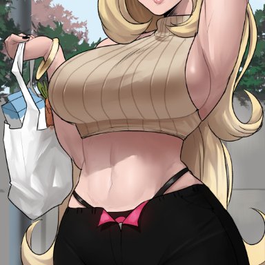 nintendo, pokemon, pokemon dppt, cynthia (pokemon), echosaber, 1girls, arm up, armpits, blonde hair, breasts, clothed, clothed female, female, hair ornament, hair over one eye