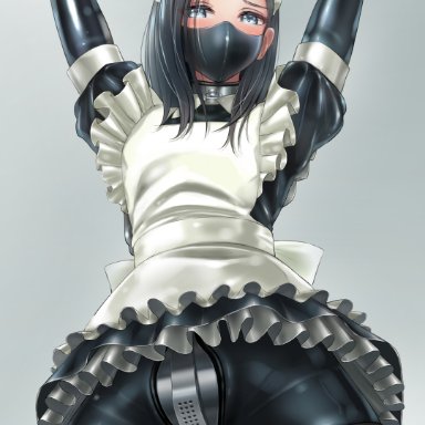 alex (mollyyo), ameya, 1boy, androgynous, black hair, black latex, blush, blushing, bondage, chained, chains, chastity, chastity belt, chastity device, collar