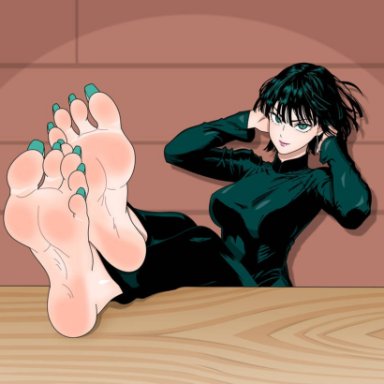 one-punch man, fubuki (one-punch man), clothed, clothing, cyan nails, feet, foot fetish, foot focus, green eyes, green hair, hands behind head, long toenails, nail polish, presenting feet, soles