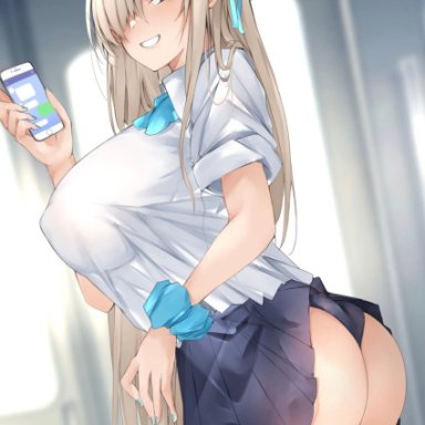 blue archive, asuna (blue archive), ass, black panties, blonde hair, blue eyes, blue nails, blush, hair over one eye, happy, holding, holding phone, large ass, large breasts, light brown hair