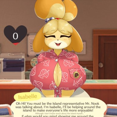 animal crossing, animal crossing new horizons, nintendo, isabelle (animal crossing), gammainks, anthro, big breasts, blush, breasts, canine, cleavage, dog ears, eyelashes, female, female only