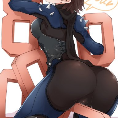 atlus, persona, persona 5, makoto niijima, kurosususu, 80000, ass, ass focus, clothed, clothing, female, motorcycle suit, numbers, red eyes, scarf