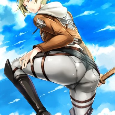 attack on titan, shingeki no kyojin, annie leonhardt, covr, ass, blonde hair, blue eyes, boots, butt, clothed, dat ass, hand on thigh, panties visible through clothing, petite, tied hair