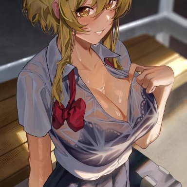 genshin impact, lumine (genshin impact), cozyu, breasts, cleavage, clothed, sweaty