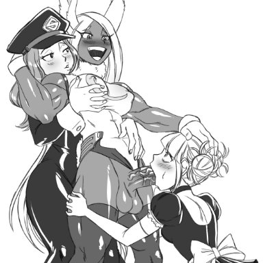 my hero academia, camie utsushimi, himiko toga, miruko, rumi usagiyama, aeolus06, 1futa, 2girls, abs, animal ears, armwear, assisted sex, balls, biceps, big balls