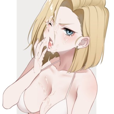 dragon ball, dragon ball z, android 18, tofuubear, bangs, bare shoulders, bikini, blonde hair, blue eyes, blush, breasts, cleavage, collarbone, cum, earrings