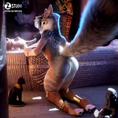 fhyra (fhyrajackal), zorryn, 1girls, anthro, anus, ass, breasts, canid, canine, canis, female, female only, fluffy, fluffy tail, from behind