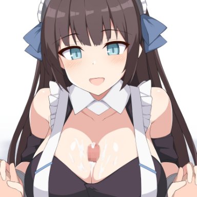 azur lane, newcastle (azur lane), toyo (c8), 1boy, bangs, blue eyes, blush, breasts, brown hair, cum, cum on body, cum on breasts, eyebrows visible through hair, female, interlocked fingers