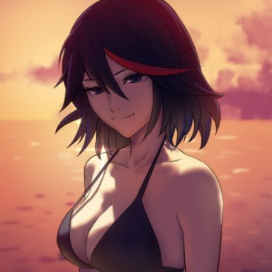 kill la kill, matoi ryuuko, pomelomelon1, 1girls, bikini, black bikini, black hair, black swimsuit, blue eyes, breasts, cleavage, collarbone, female, female only, hair between eyes