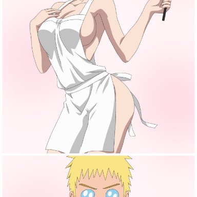 boruto: naruto next generations, naruto, naruto (series), shounen jump, sakura haruno, uzumaki naruto, 1boy1girl, apron, apron only, before sex, blonde hair, blue eyes, breasts, cleavage, clothing