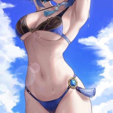 genshin impact, yelan (genshin impact), doham, 1girls, arms up, bikini, blue hair, curvy, curvy figure, earrings, female, female only, green eyes, hand behind head, looking at viewer