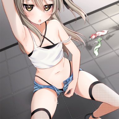 girls und panzer, shimada arisu, ruruepa, arm behind head, armpits, bare shoulders, black panties, blonde hair, blue shorts, blush, breasts, brown eyes, condom, female, fishnet legwear