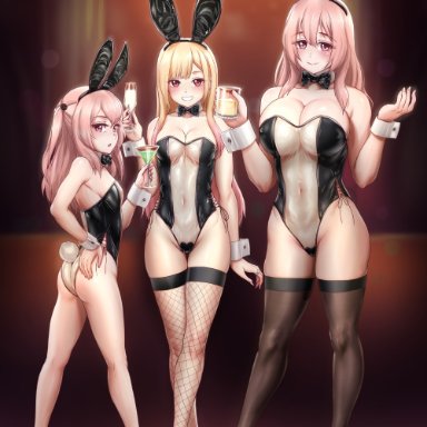 sono bisque doll wa koi wo suru, inui sajuna, inui shinju, kitagawa marin, finalcake, 3girls, ass, big breasts, blonde hair, breasts, bunny ears, bunny tail, bunnysuit, earrings, female