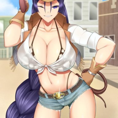 fate/grand order, fate (series), artist request, big breasts, bikini under clothes, braided hair, bull whip, cleavage, cow girl, cow hat, cow print bikini, daisy dukes, denim shorts, female, female only