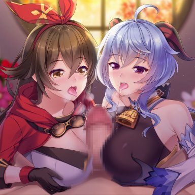 genshin impact, amber (genshin impact), ganyu (genshin impact), tsukimi kirara, 2girls, ahoge, bangs, bare shoulders, bell, black gloves, blue gloves, blue hair, blurry, blush, bow