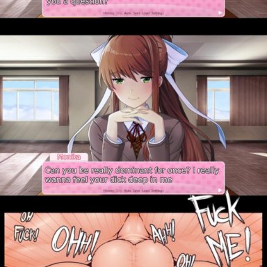 doki doki literature club, anon, monika, 1boy, 1girls, anus, balls, balls deep, blush, brown hair, couple, ddlc text box, dominant male, duo, green eyes