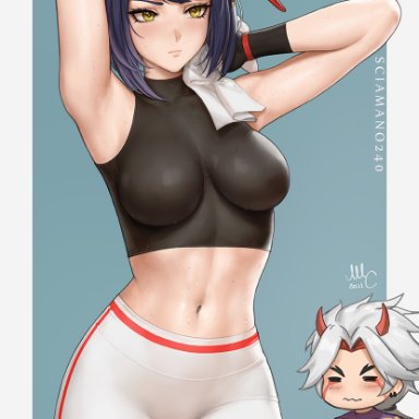 genshin impact, arataki itto, kujou sara, sciamano240, 1boy, 1girls, armpits, arms behind head, arms up, black hair, breasts, female, fit, fit female, hips