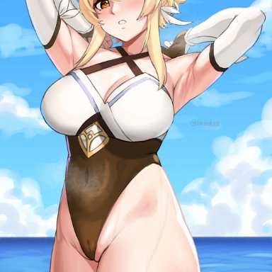 genshin impact, lumine (genshin impact), kirinkirin, 1girls, armpits, arms behind head, arms up, beach, blonde hair, blush, breasts, cleavage, detached sleeves, female, female only