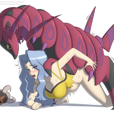 nintendo, pokemon, elite four, houndoom, karen (pokemon), pokemon (species), scolipede, the tentacle professor, big breasts, blush, bulge, cleavage, clothed, clothed sex, interspecies